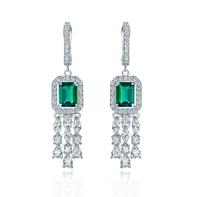 Baguette verte 925 argent sterling réel CZ Boucles d'oreilles en crochet en diamant pour unisexe