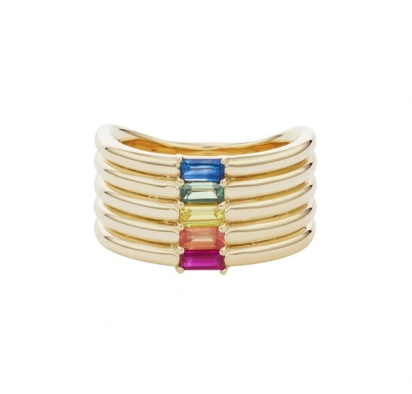 Baguette arc-en-ciel plaqué en or 18K coupé CZ Multi Fashion 925 Sterling Silver Femmes Anneaux