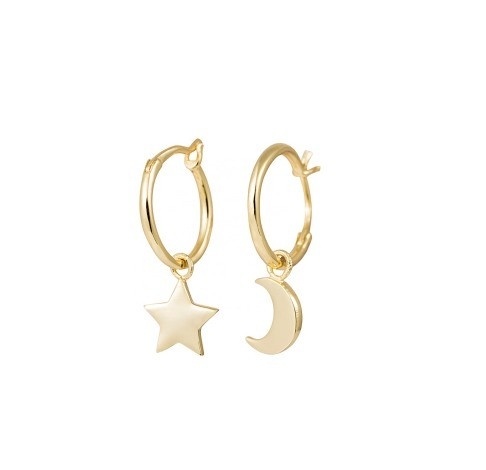 Boucles d'oreilles en argent sterling 925 à la mode avec une étoile et une lune dorées asymétriques pour femmes