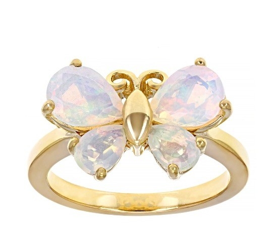 Joyaux précieux Opal éthiopien multicolore Papillon anneau 18 carats Or jaune sur argent sterling