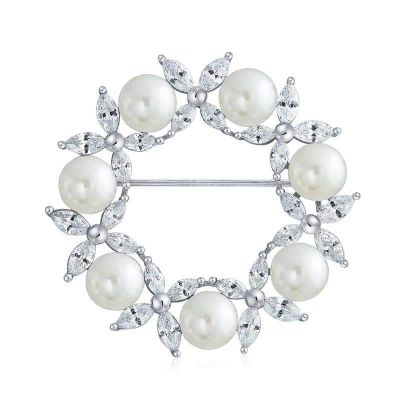 Broche de feuille de cercle plaquée en or broche de perle blanche 925 broches de luxe en argent pour femmes