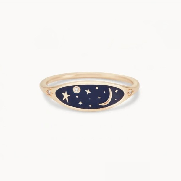 En or 18K plaqué à la main Émail bleu de minuit 925 argent sterling rond Brillant CZ bague pour filles