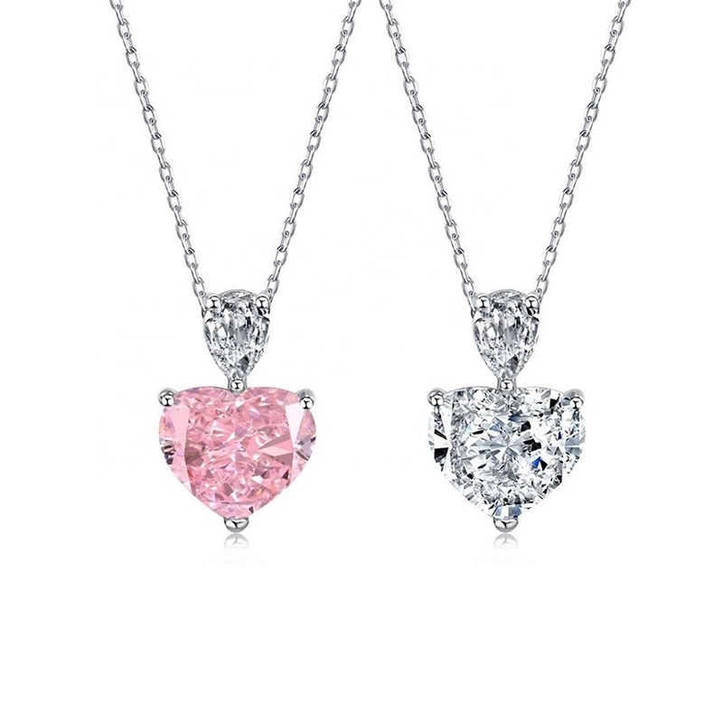S925 Collier en argent sterling pour femmes Cœur rose Blanc goutte de poire CZ Collier de colonne vertébrale