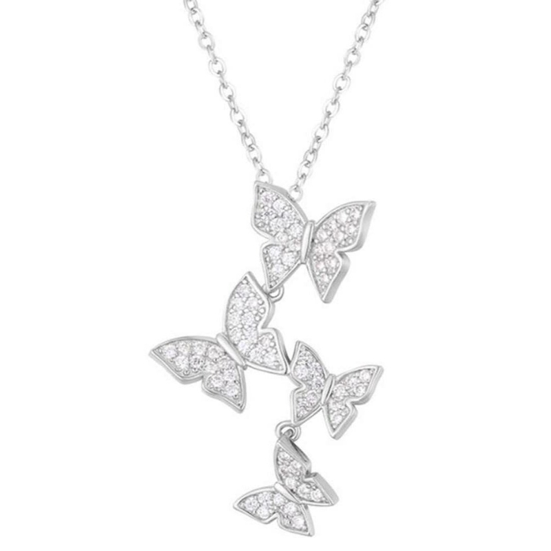 925 Sterling Silver Blanc or Platé Micron Pave 4 Papillons Charme Pendant Pour Les Femmes