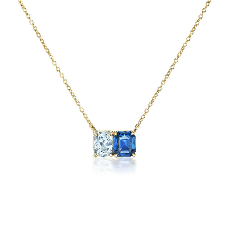 Vente à chaud 925 coupe de coussin d'argent Saphir et rectangle coupe blanc Zircon couleur bloc Zirconie Double pierre pendentif colliers