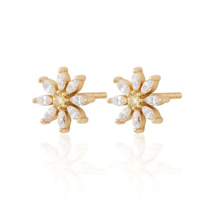 Boucles d'oreilles à clous en argent sterling 925 plaqué or 18 carats avec motif floral, sertissage griffes et taille marquise