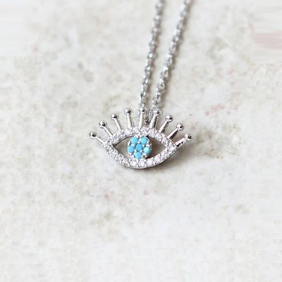925 Argent Sterling Micro Pave Clair CZ et Turquoise Mauvais Les yeux Pendant Collier Colliers