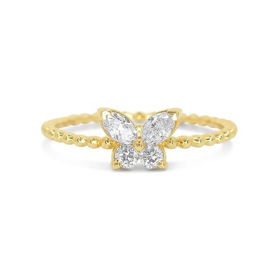 Anneau féminin en argent 925 sterling avec boule dorée 18K et papillon marquise