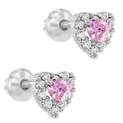 Cœur doré rose rose CZ à vis à l' arrière Boucles d'oreilles pour enfants en argent sterling 925