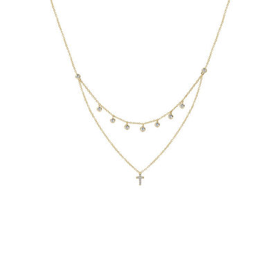 Deux couches de collier de croix de diamant pendentif de rhodium plaqué en or