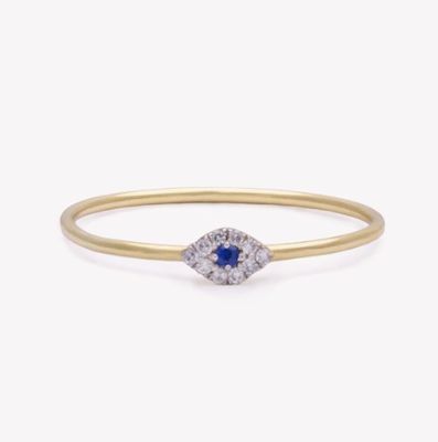 Mini-anneau de pavé de style classique avec œil de diamant et saphir bleu en argent sterling 925