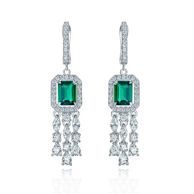 Baguette verte 925 argent sterling réel CZ Boucles d'oreilles en crochet en diamant pour unisexe