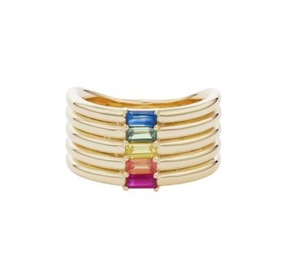 Baguette arc-en-ciel plaqué en or 18K coupé CZ Multi Fashion 925 Sterling Silver Femmes Anneaux