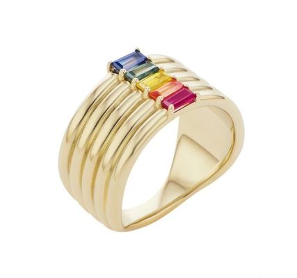 Baguette arc-en-ciel plaqué en or 18K coupé CZ Multi Fashion 925 Sterling Silver Femmes Anneaux