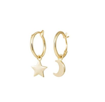 Boucles d'oreilles en argent sterling 925 à la mode avec une étoile et une lune dorées asymétriques pour femmes