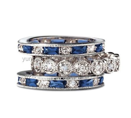 925 Sterling Silver CZ Simulé Saphir Ensemble d' anneaux empilables avec taille personnalisée
