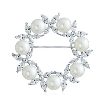 Broche de feuille de cercle plaquée en or broche de perle blanche 925 broches de luxe en argent pour femmes