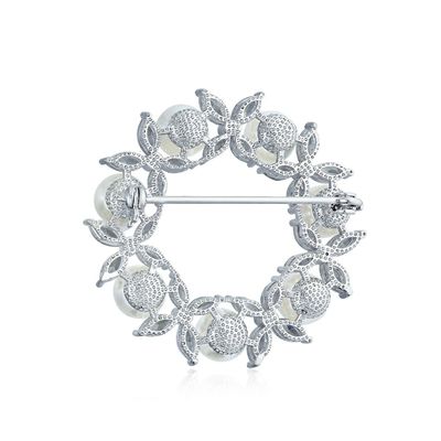 Broche de feuille de cercle plaquée en or broche de perle blanche 925 broches de luxe en argent pour femmes