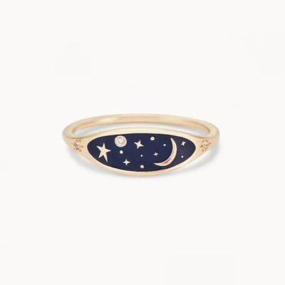En or 18K plaqué à la main Émail bleu de minuit 925 argent sterling rond Brillant CZ bague pour filles
