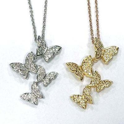 925 Sterling Silver Blanc or Platé Micron Pave 4 Papillons Charme Pendant Pour Les Femmes