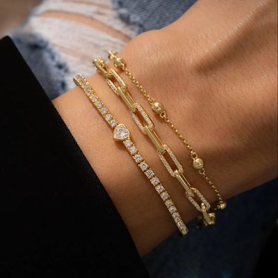 Bracelet de tennis en forme de cœur plaqué or 14 carats et argent sterling 925 avec zircon