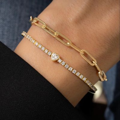 Bracelet de tennis en forme de cœur plaqué or 14 carats et argent sterling 925 avec zircon