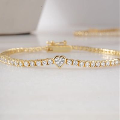 Bracelet de tennis en forme de cœur plaqué or 14 carats et argent sterling 925 avec zircon