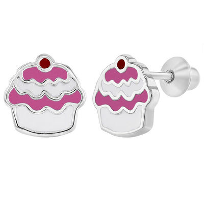 Cupcake émail rose 925 argent sterling vis arrière enfants boucles d'oreilles bijoux