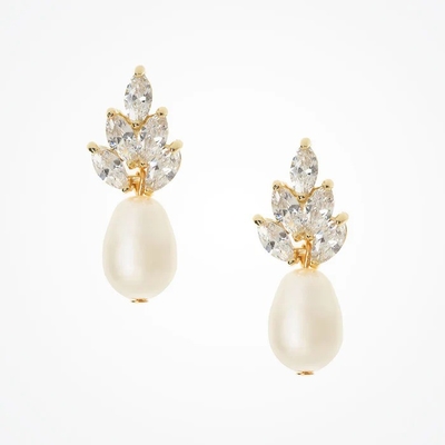 Boucles d'oreilles de feuilles de mariée plaquées en or de 18K Blancs perles Boucles d'oreilles de feuilles de mariage